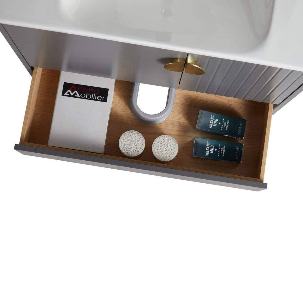 Venezian Single Bathroom Vanity, Rock Gray, 30", Satin Brass Handles, One Sink
