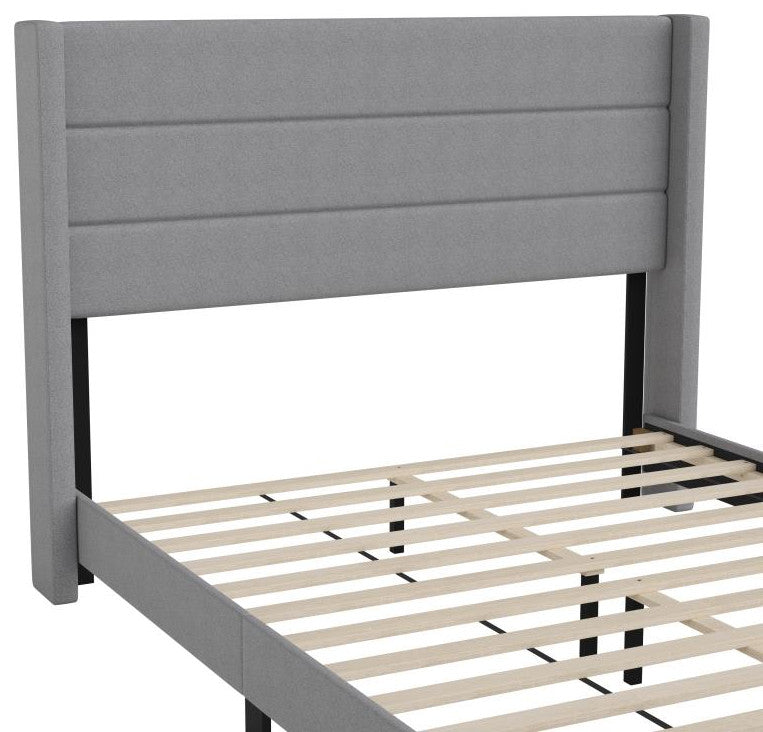 Hollis Upholstered Platform Bed with Wingback Headboard w/Mattress Foundation, Gray, Queen