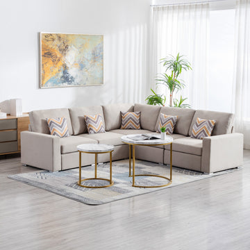 Nolan Beige Linen 5-Piece Reversible Sectional Sofa, Interchangeable Legs