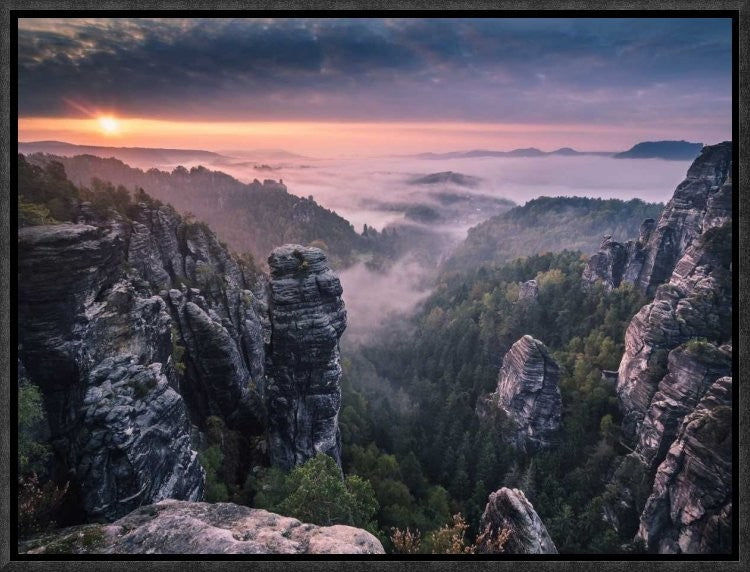 "Sunrise On The Rocks" Framed Canvas Giclee by Andreas Wonisch, 17x13"