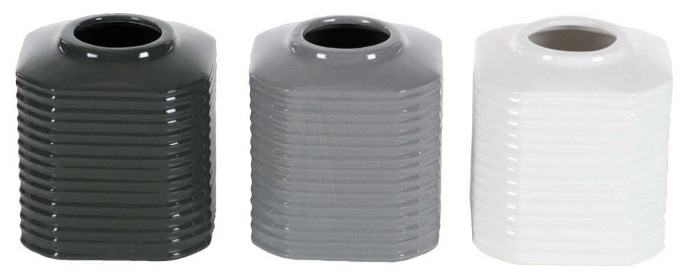 Set of 3 Contemporary 5" Ribbed Octagonal Ceramic Vases