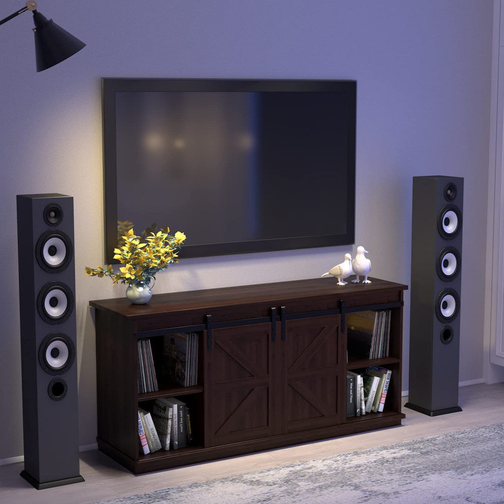 Farmhouse TV Stand for 65 Inch TV with Sliding Barn Doors and Storage Cabinets