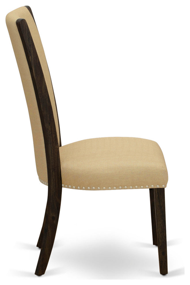 Set Of 2, Wood Chairs, Distressed Jacobean Hardwood Frame, Brown Seat
