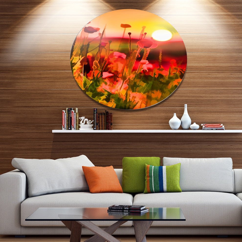Summer Sunset With Red Poppies, Landscape Art Disc Metal Wall Art, 11"