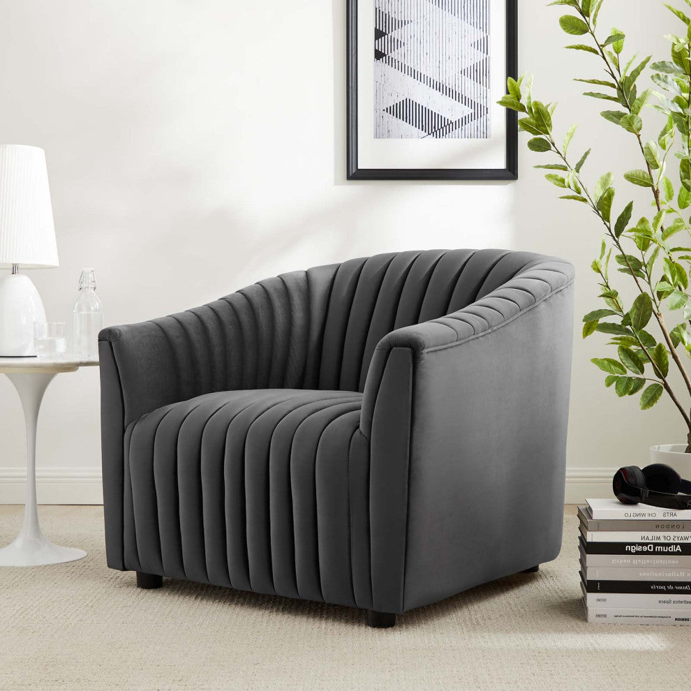 Armchair Accent Tufted Chair, Charcoal Gray, Velvet, Modern Lounge Cafe