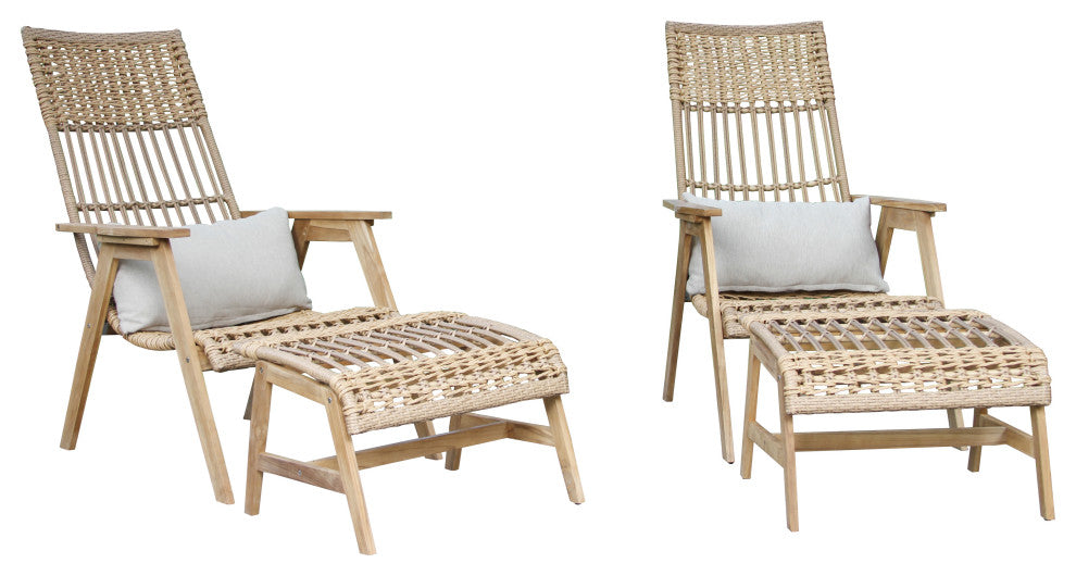 4-Piece Teak Bohemian Basket Lounger Set With Matching Ottomans