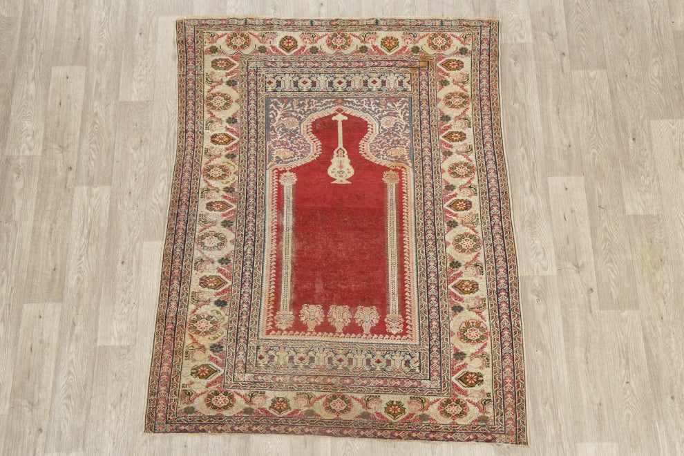 Consigned, Antique Oriental Traditional Worn Handmade Turkish Area Rug, Red, 4x6