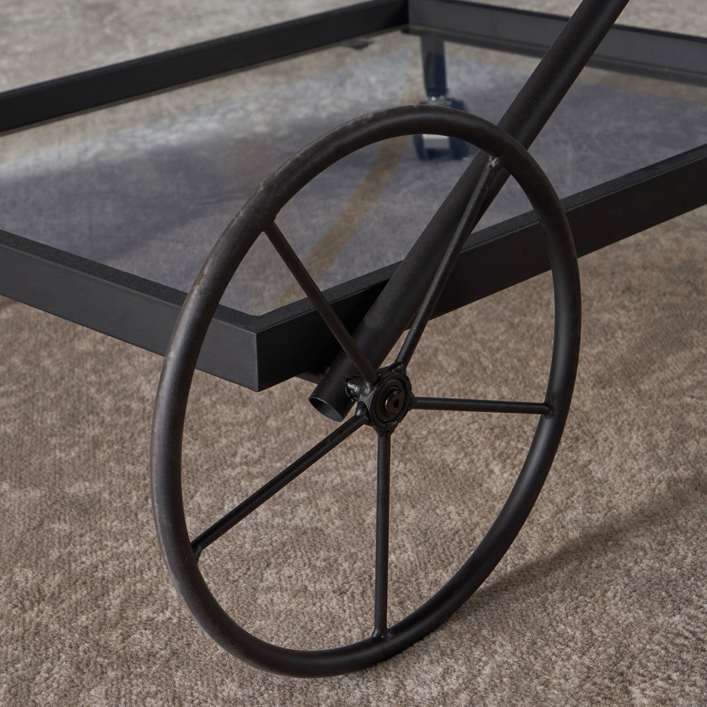 GDF Studio Presley Indoor Black Iron Bar Cart With Tempered Glass Shelves