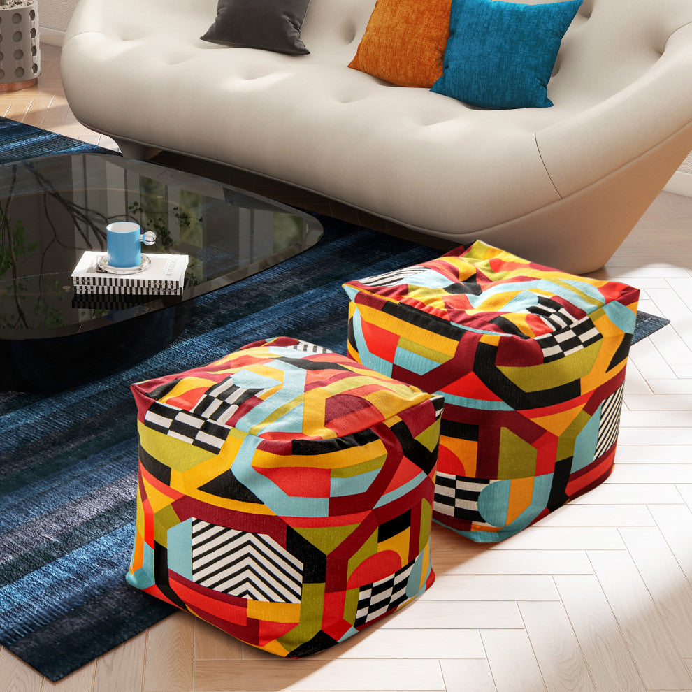 Pouf 23" Oversized Bean Bag Embroidery Cube Ottoman, Colorpop Multicolored