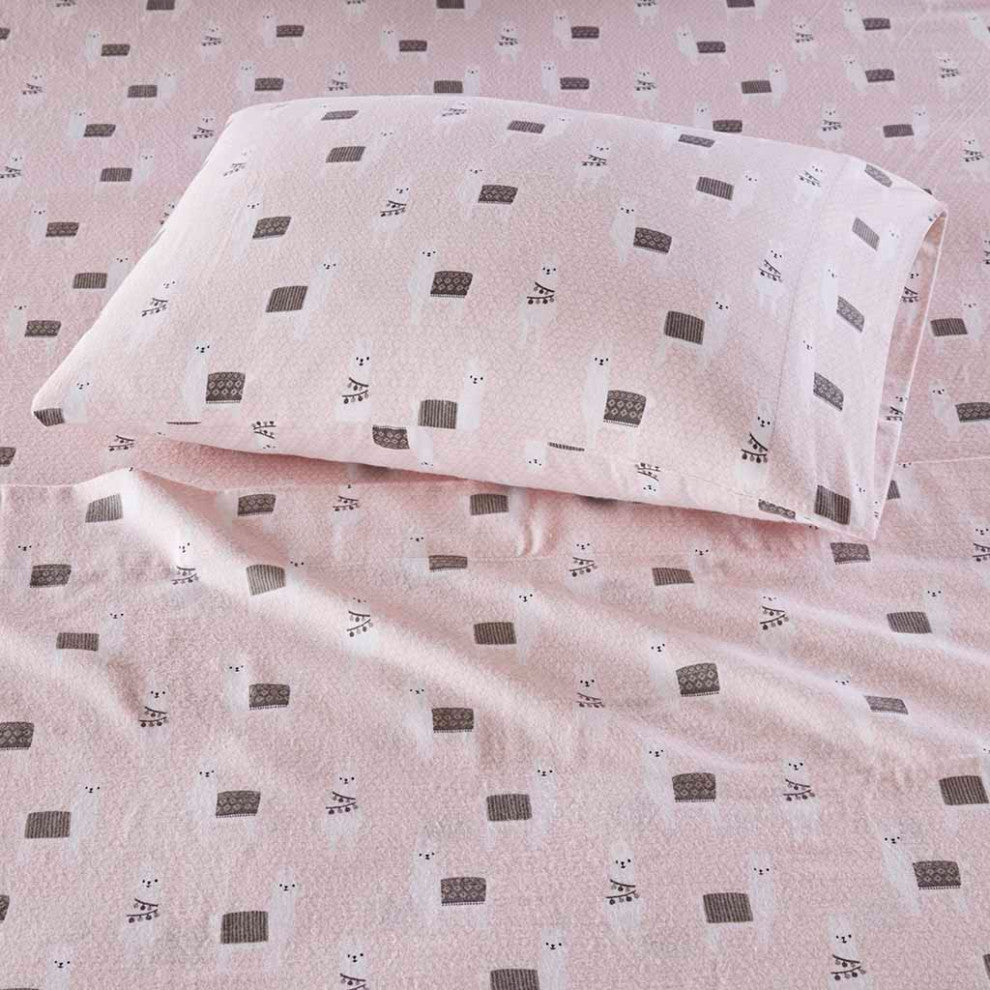 Intelligent Design Cozy Soft Cotton Flannel Printed Sheet Set, Pink Llamas