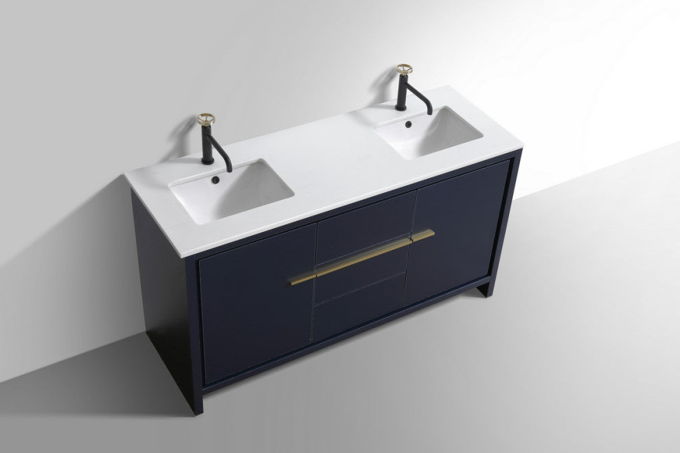 Dolce 60" Double Sink Vanity, White Quartz Countertop, High Gloss White, Blue