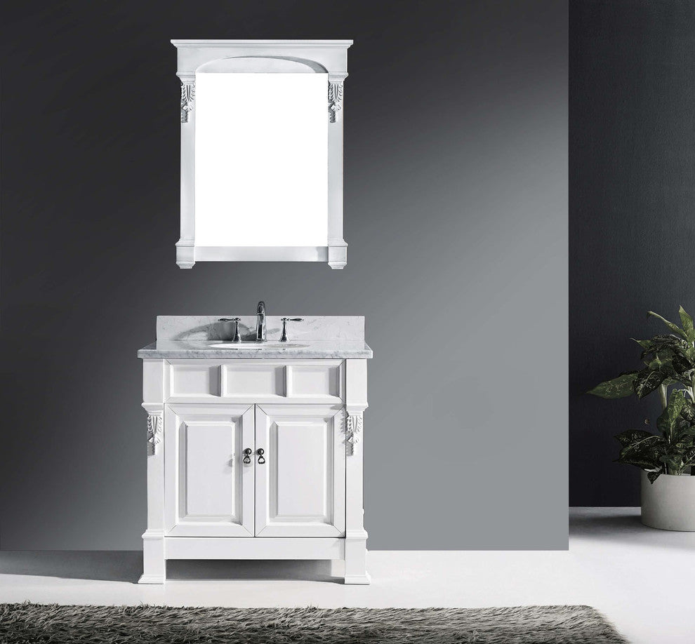 Virtu Huntshire 36" Single Bathroom Vanity, White With Marble Top, With Mirror
