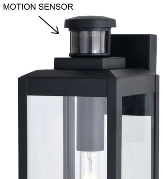 Kinzie Black Motion Sensor Dusk to Dawn Outdoor Wall Light Fixture Clear Glass, 6"wx17.5"hx7"d