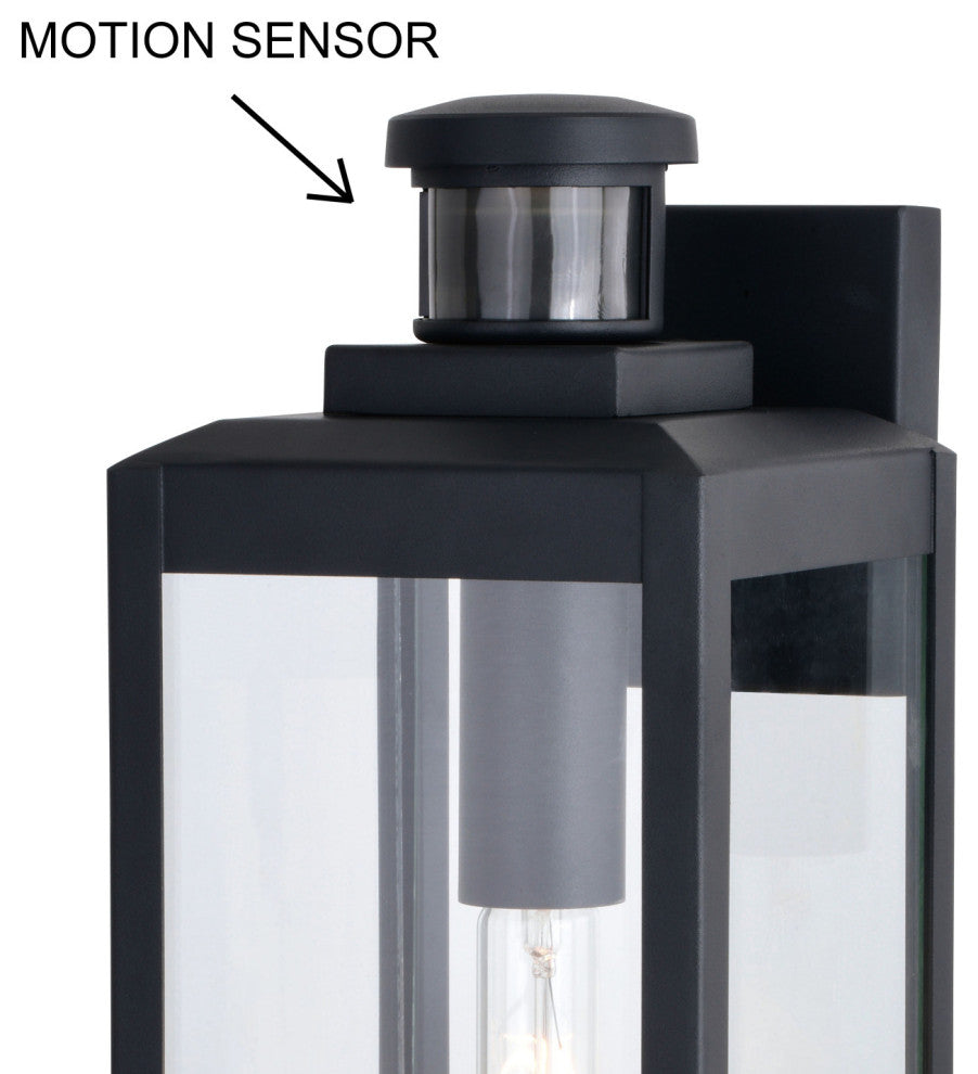 Kinzie Black Motion Sensor Dusk to Dawn Outdoor Wall Light Fixture Clear Glass, 6"wx17.5"hx7"d