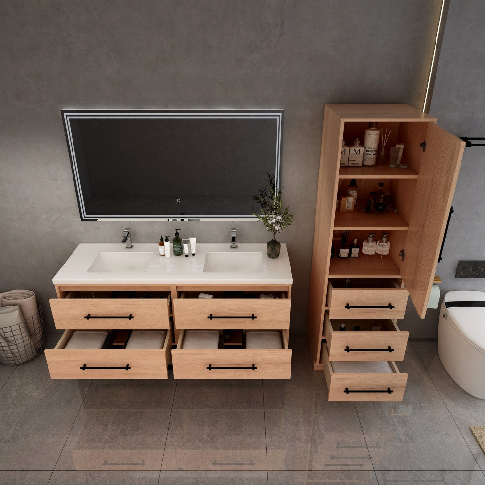 Victoria 60'' Double Sink Solid Wood Open Shelf Bath Vanity, Red Oak