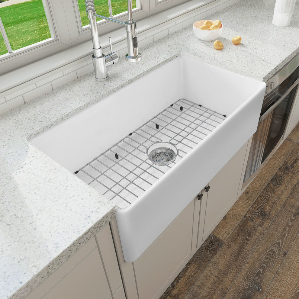 Sinber Farmhouse Apron Single Bowl Kitchen Sink with Fireclay 2 Accessories, White, 33" X 18"
