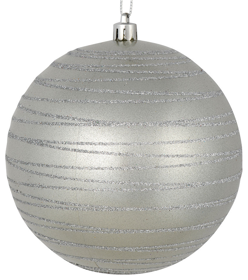 Vickerman N187607D 4" Silver Candy Finish Ball Ornament With Glitter Lines