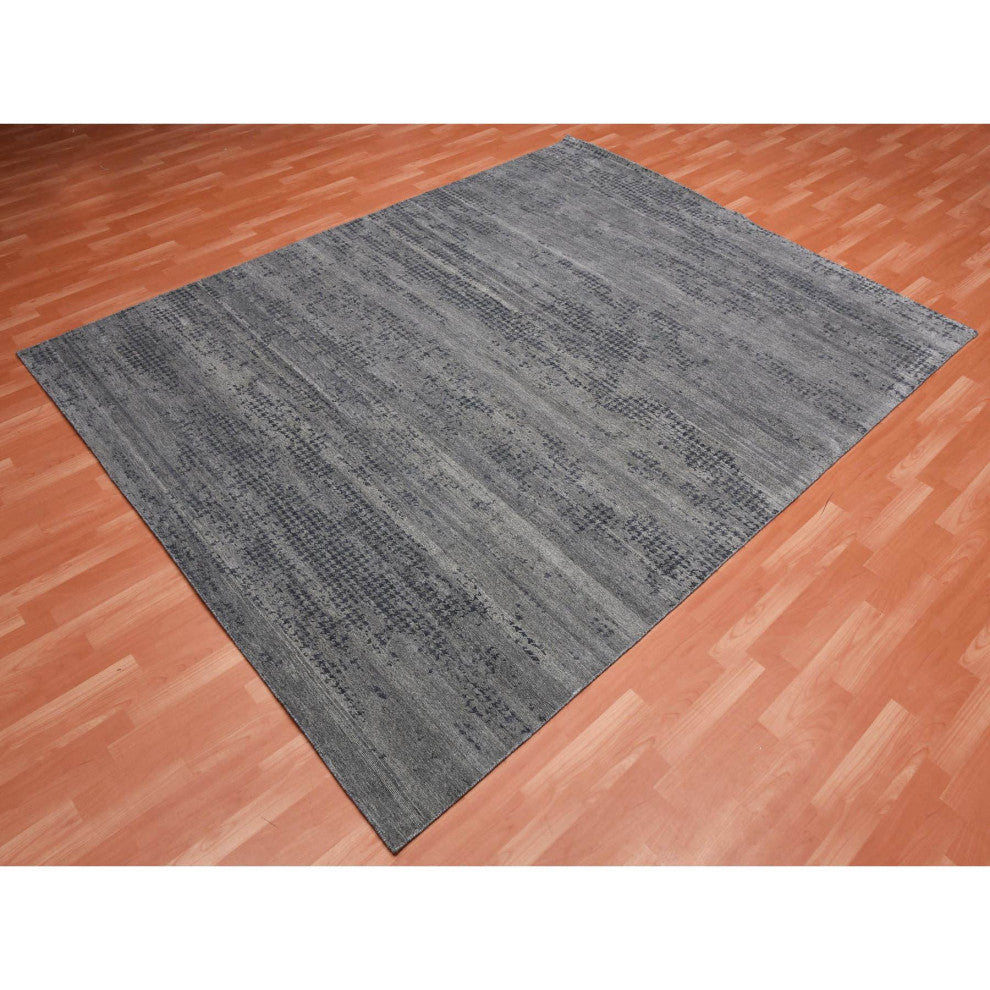 Black and Gray Modern Design Zero Pile Pure Silk Hand Knotted Rug, 8'0"x10'1"