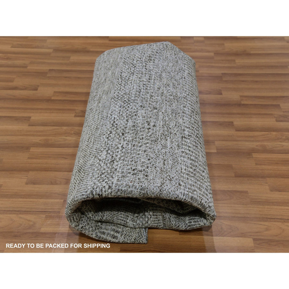 Solid Gray Hand Knotted Undyed Wool Modern Grass Design Round Rug 7'10"x7'10"