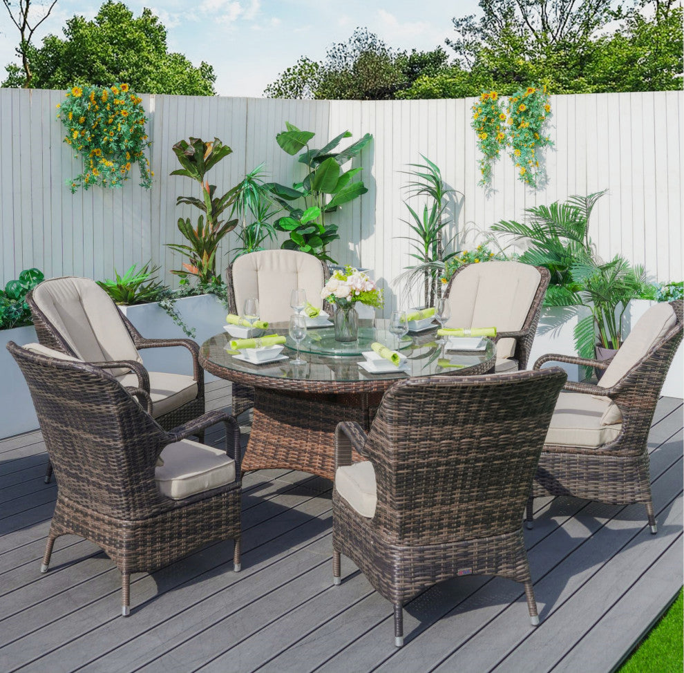 6-Seat Brown Wicker Round Outdoor Dining Set with Beige Cushions