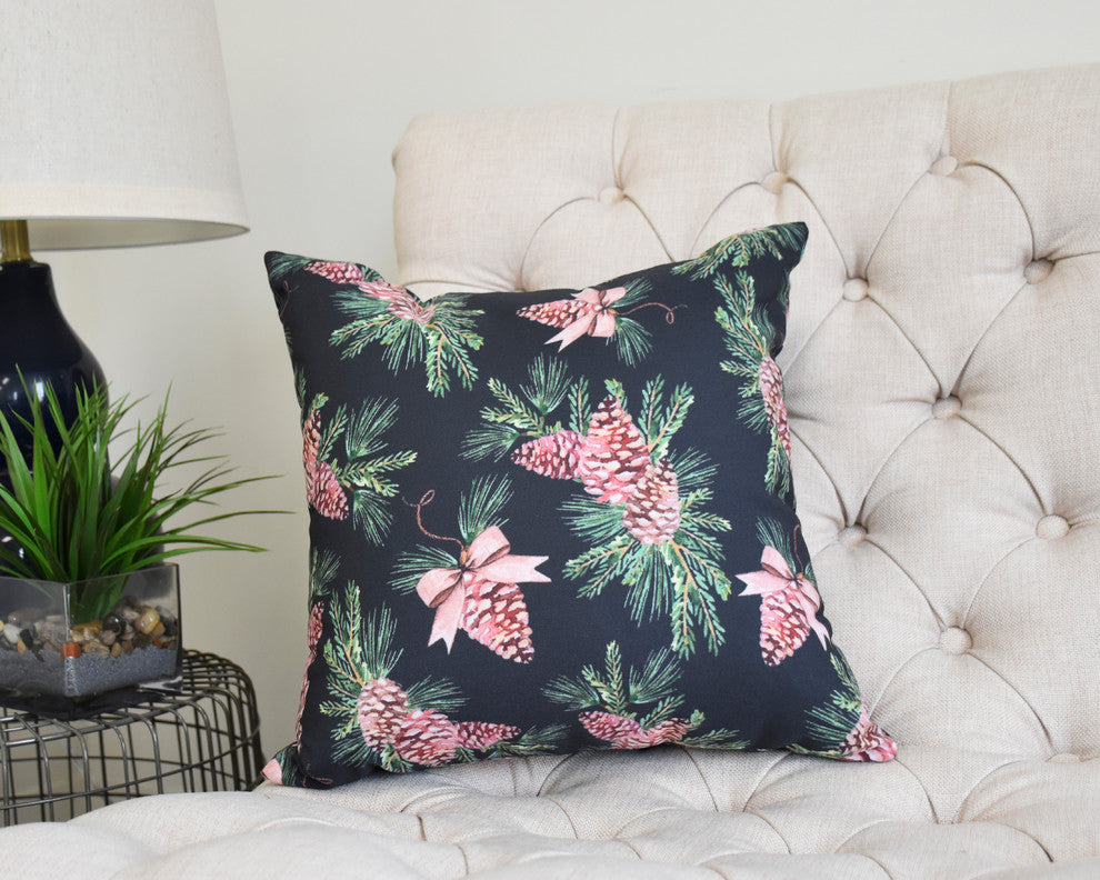 Greenery 18" Black Holiday Print Decorative Throw Pillow