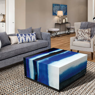 "Blue Run Off I" Reverse Printed Art Glass Cocktail Table with Black Plinth Base