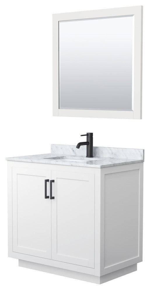 36"SGL Bathroom Vanity White, Carrara Countertop, Sink, Black Trim, 34" Mirror