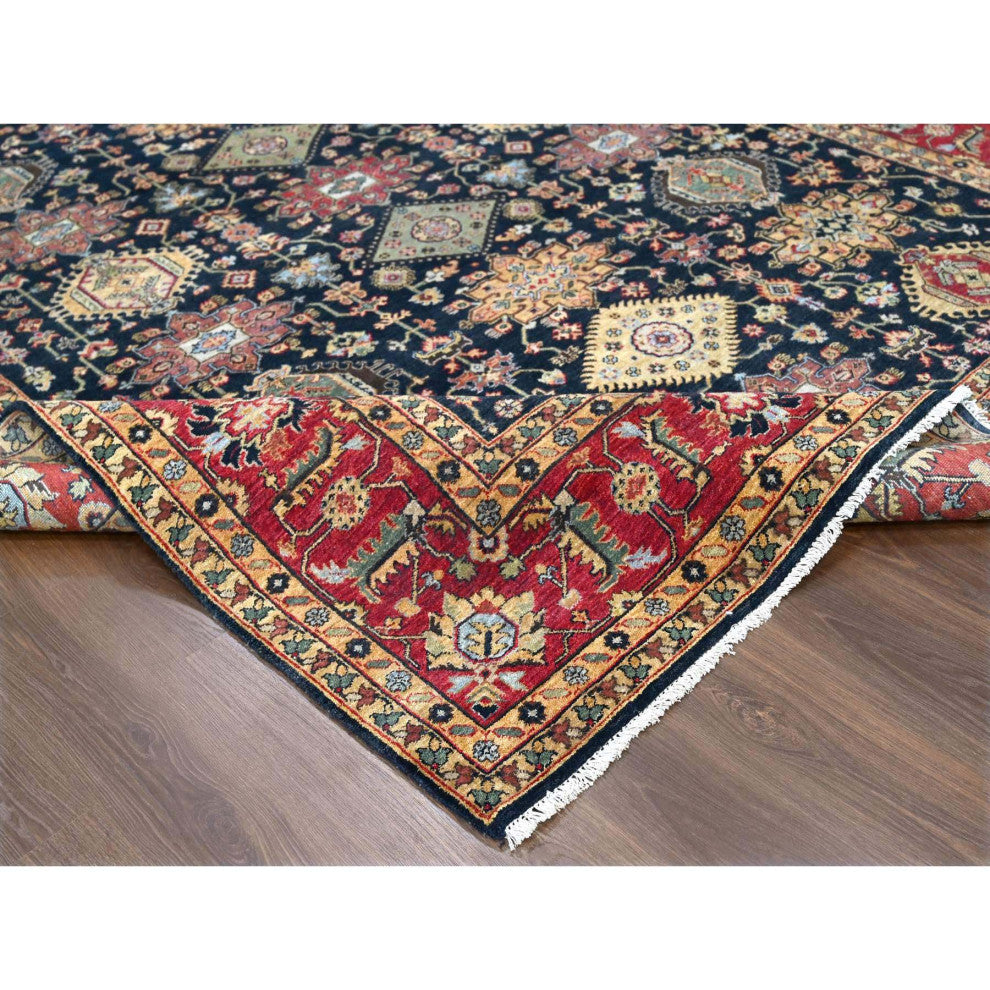 Carbon Black Wool Karajeh With All Over Pattern Hand Knotted Rug, 9'x11'11"