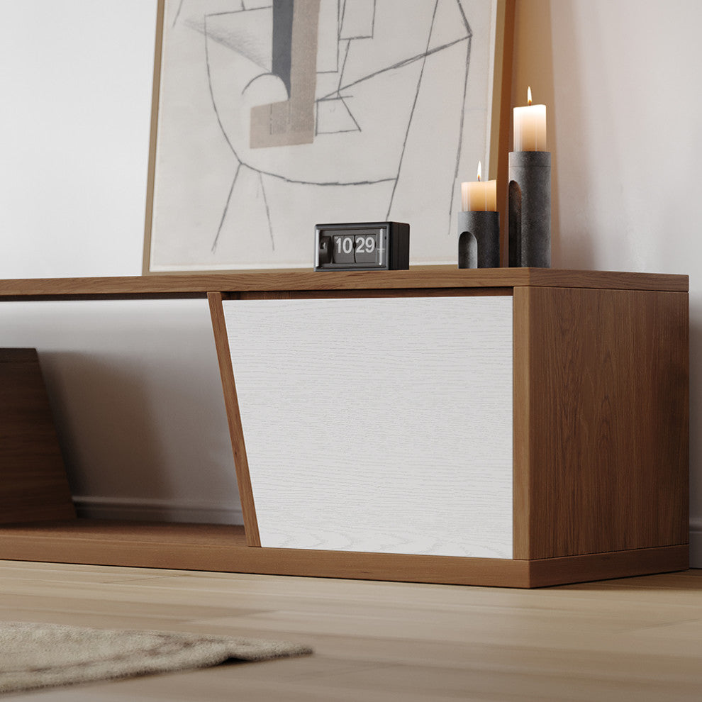 Fero Minimalist Walnut Rectangle Extendable TV Stand With 3 Drawers Up to 120", White/Walnut