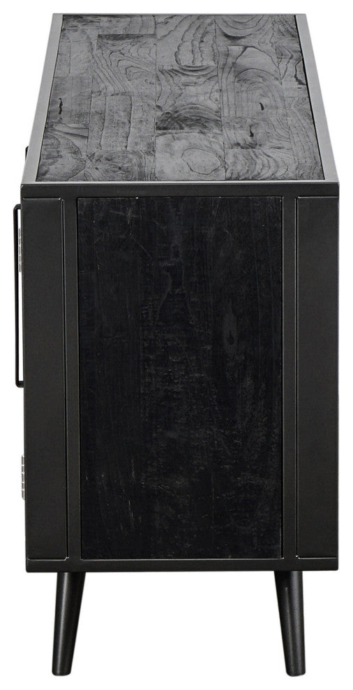 Rustic Black and Rattan Media Cabinet With Three Doors