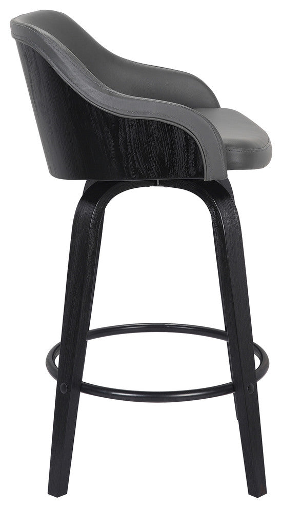 Alec Black Brush Wood Finish & Gray Faux Leather Bar Stool, Counterstool