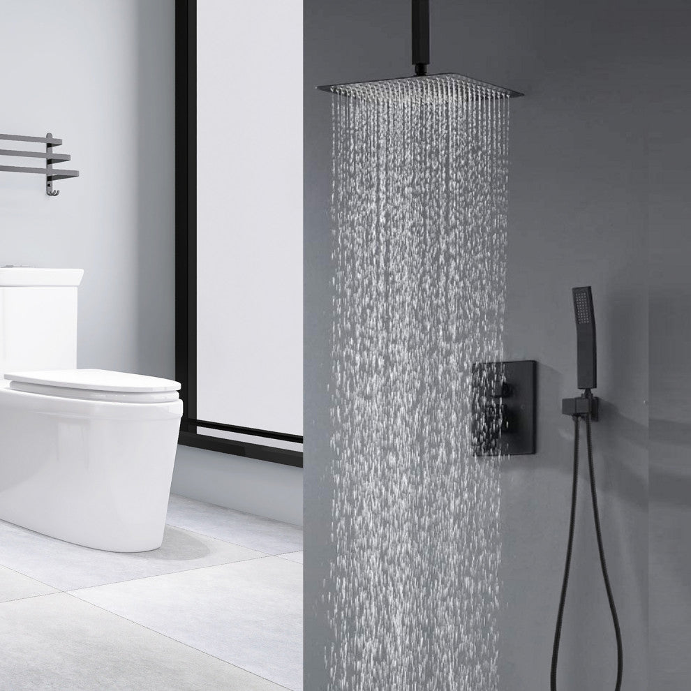 Ceiling Mounted Shower System Set With 12" Rain Shower Head, Matte Black