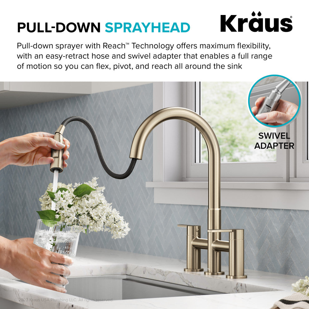 KRAUS Oletto 2-Function Pulldown 3-Hole Bridge Kitchen Faucet, Spot Free ACB