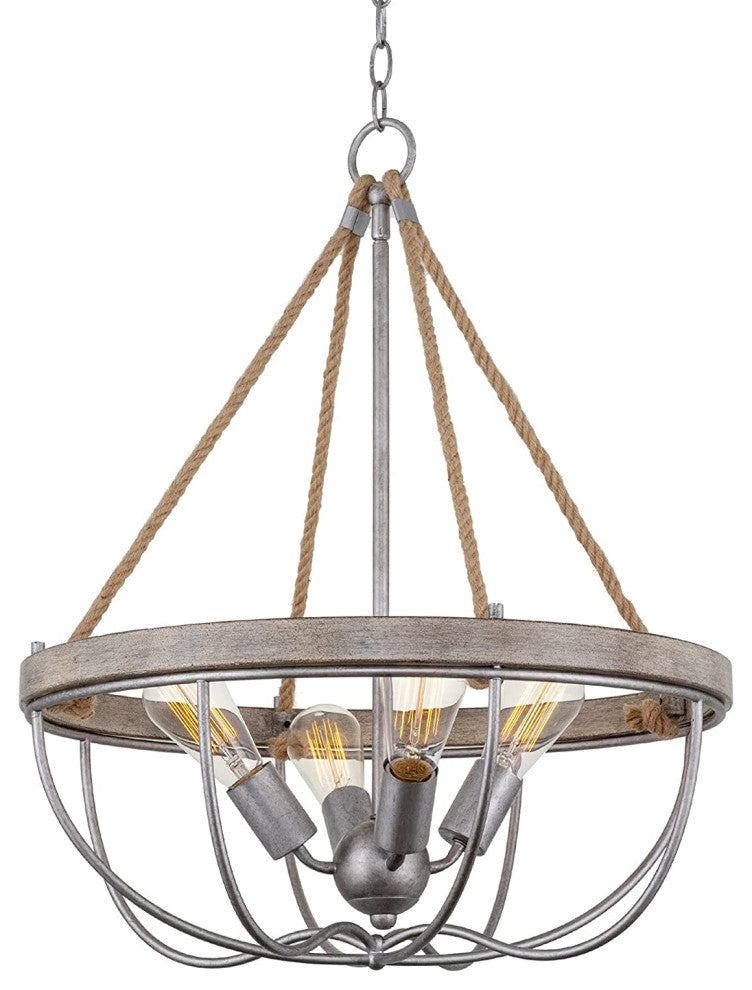 4 Light Farmhouse Chandelier Hemp Rope Pendant Light With Wood Style
