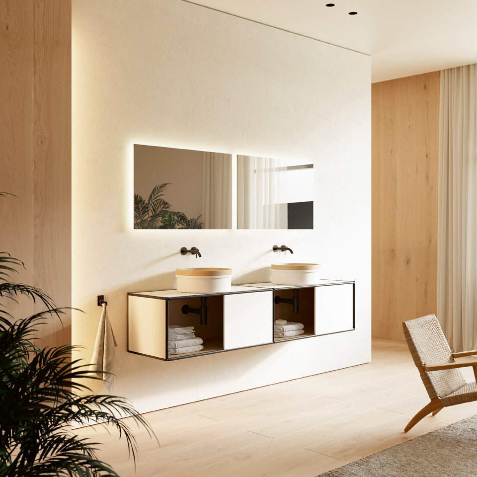 Lucca Solid Surface bathroom vessel sink. Natural wood, White-Natural Birch
