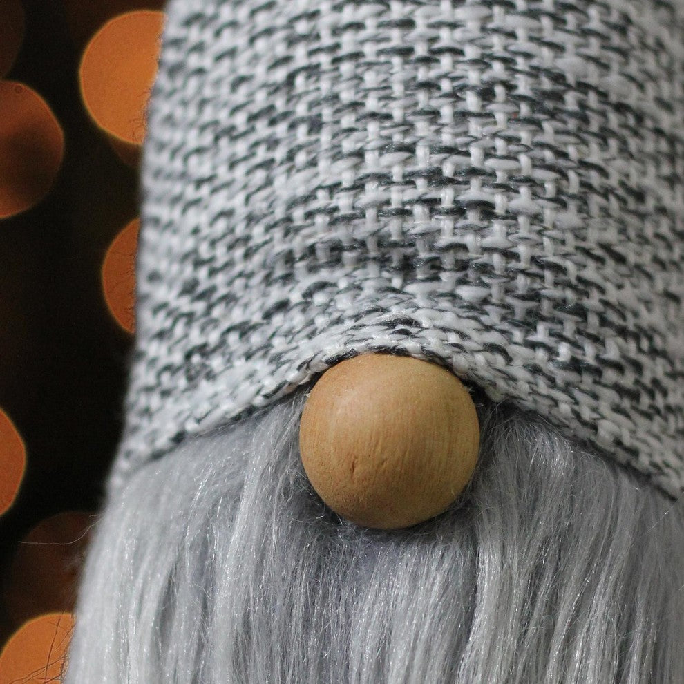 20" Winter's Beauty Grey and White with Woven Hat and Wooden Nose Cone Gnome