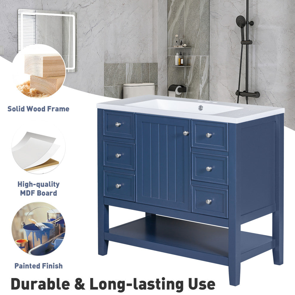 36 Inch Freestanding Bathroom Vanity Set in Blue with Drawers and Ceramic Sink, Blue