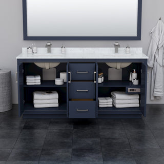 Icon 72" Dark Blue Double Vanity, Quartz Top, 3-Hole, Nickel Trim