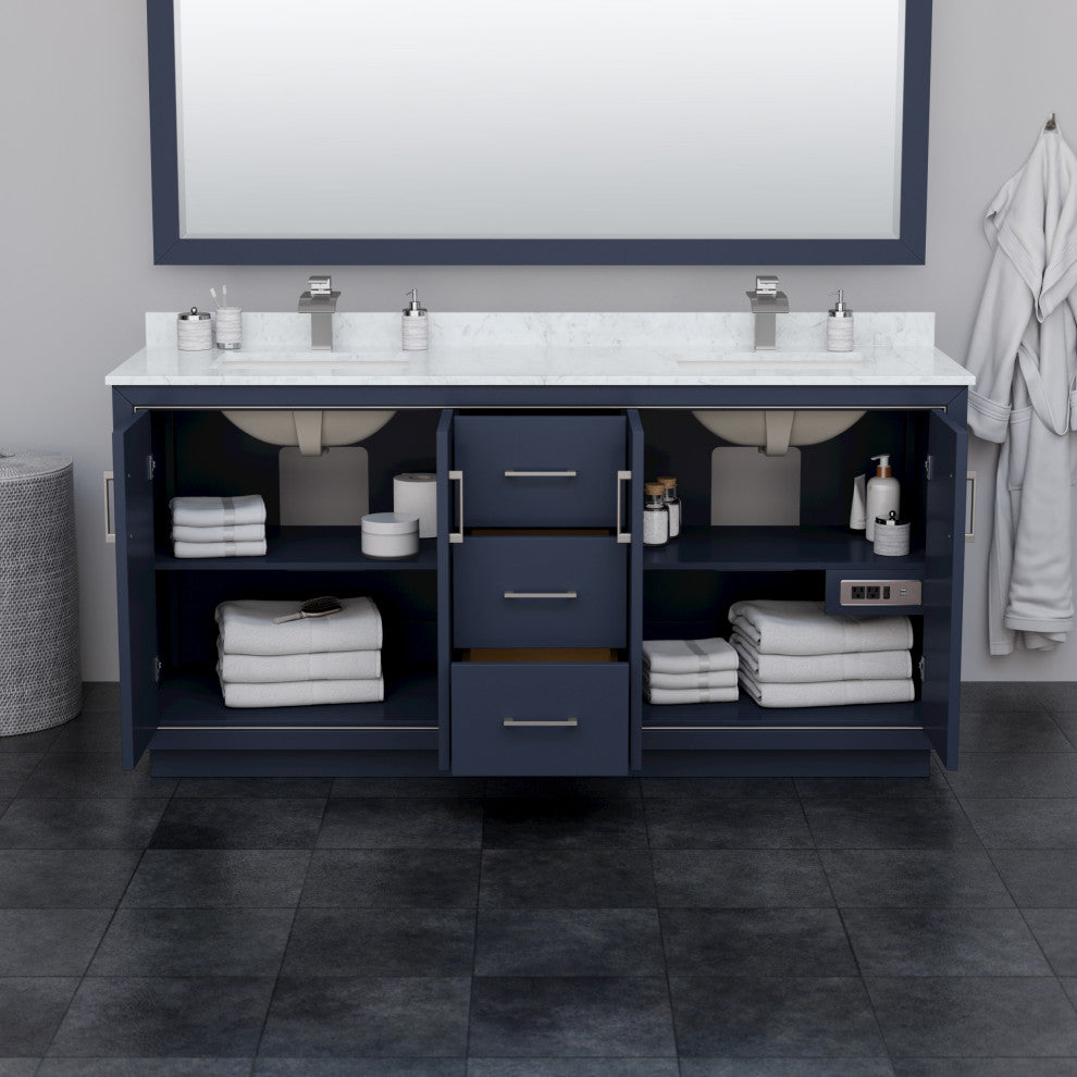 Icon 72" Dark Blue Double Vanity, Quartz Top, 3-Hole, Nickel Trim