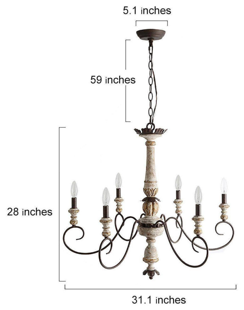 LNC 6-Light French Country Weathered White Wood Chandelier, 31"