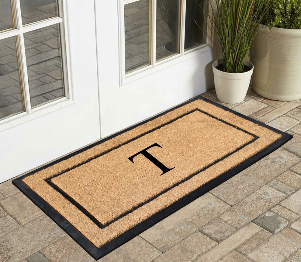 A1HC Rubber & Coir Large Outdoor Durable Monogrammed Doormat, 24"X39", Beige, T