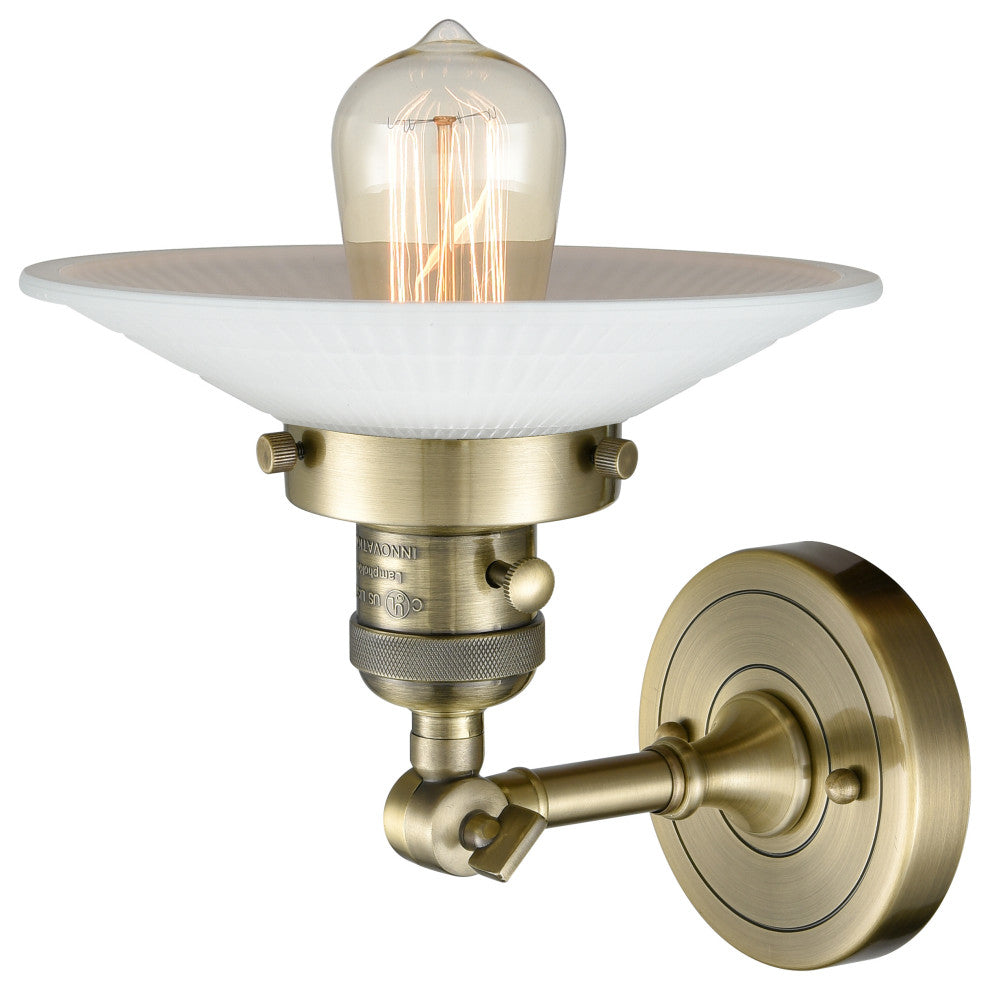 Halophane 1-Light Sconce, Antique Brass, Matte White Halophane