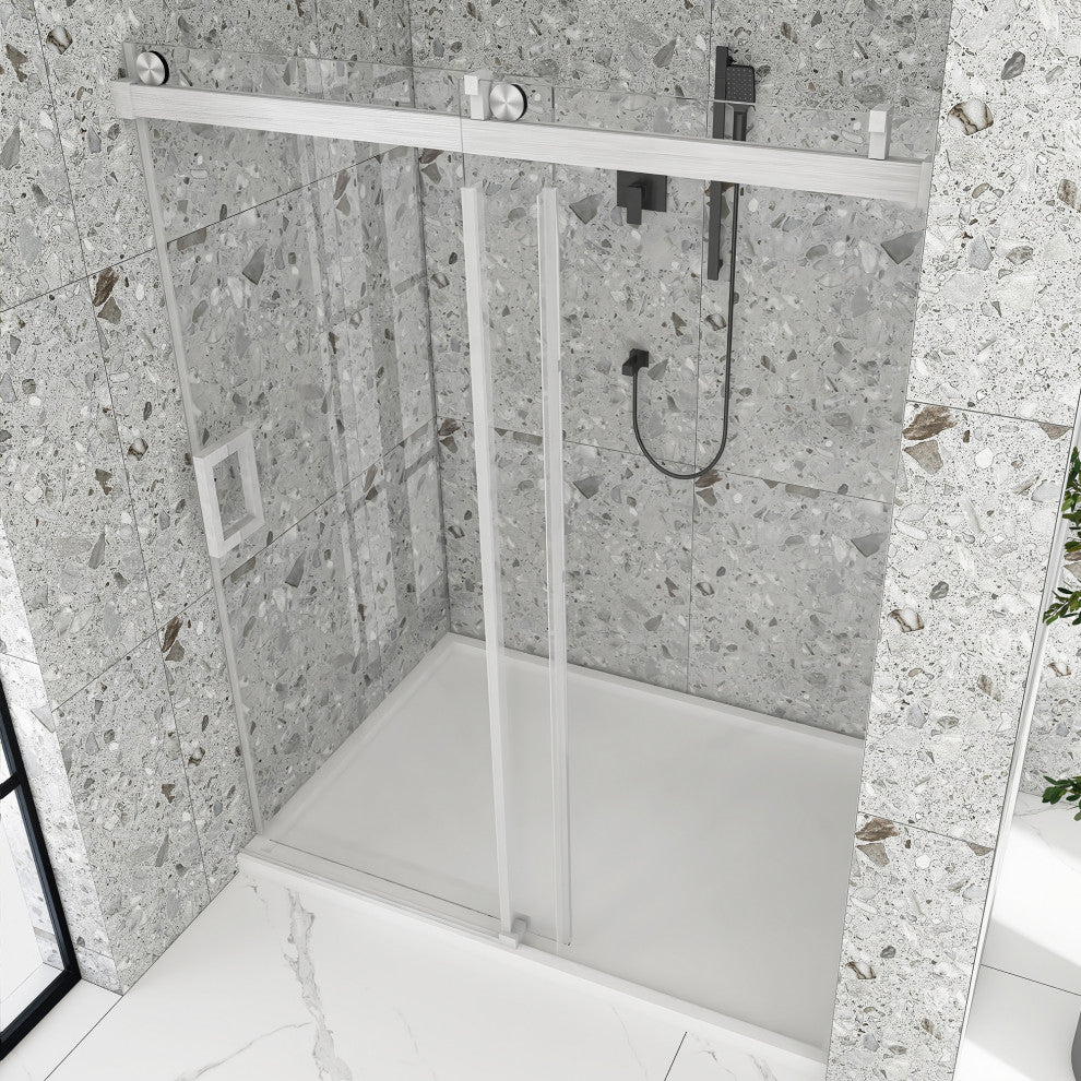 72" W x 76" H Single Sliding Frameless Shower Door, Buffer, Brushed Nickel