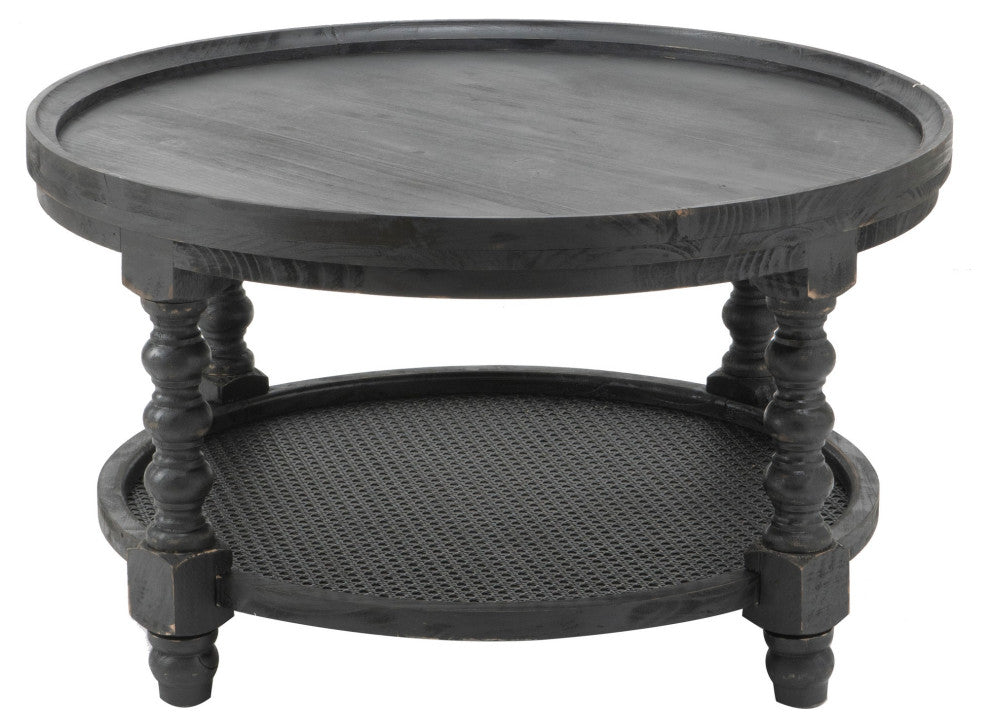 Benzara BM284922 Coffee Table, Fir Wood, Lower Tier Woven Wicker Shelf, Black