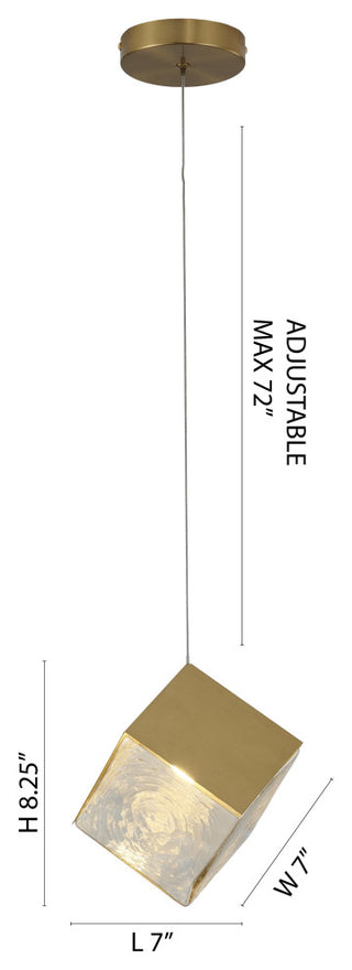 1-Light Brass Cubed Pendant With A Clear Distorted Glass Shade