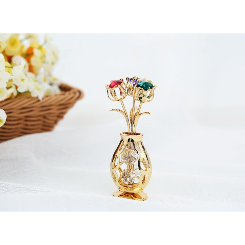 24k Gold Plated Flowers Bouquet and Vase With Colorful Crystals Home Decor