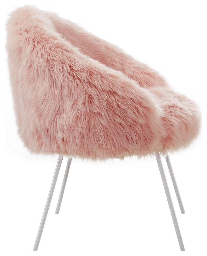 Connor Faux Fur Accent Chair, White Powder Coated Metal Leg, Rose
