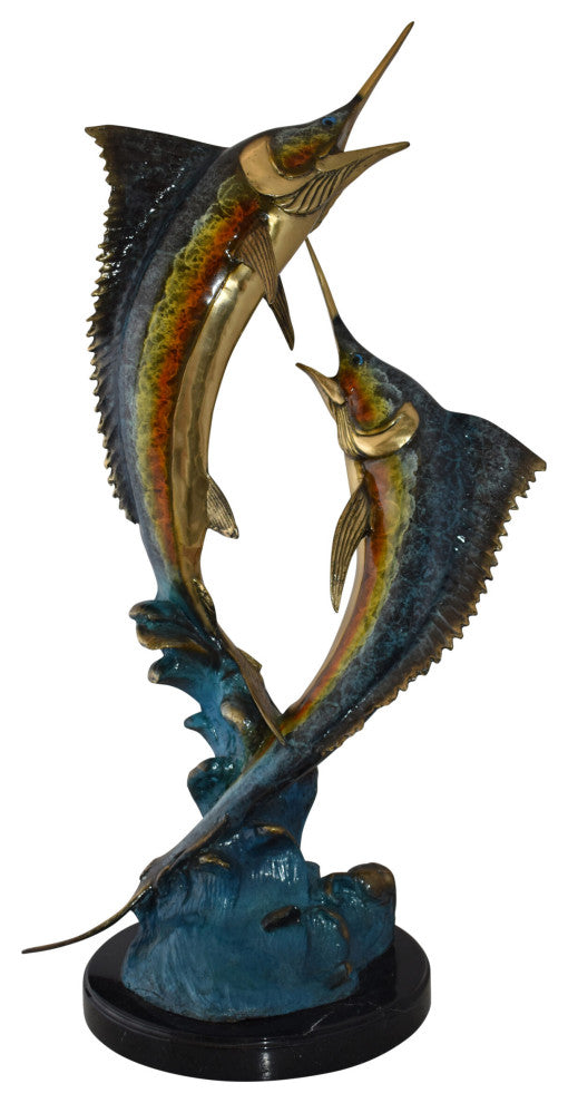 Pair of Marlin Fish At Sea Bronze Statue Size: 15" x 17" x 40"H