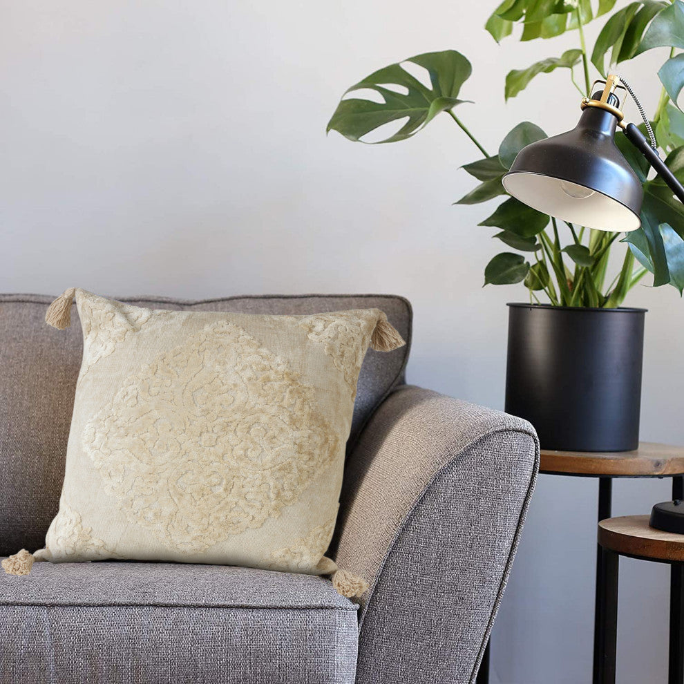 Beige Traditional Textured Medallion Throw Pillow, 20" X 20"