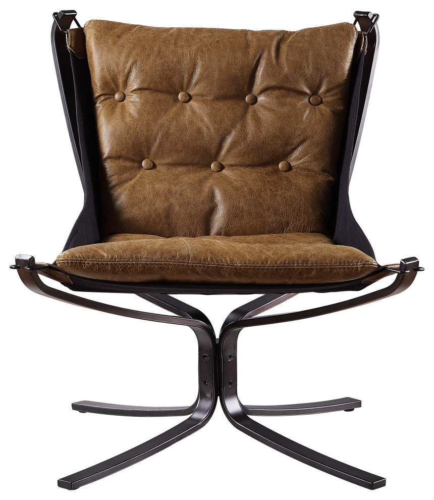 ACME Carney Button Tufted Top Grain Leather Upholstery Accent Chair in Coffee
